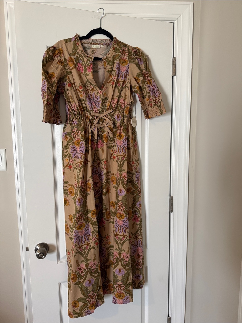 Spartina 449 Beige Floral Maxi Dress with Pink & Olive Accents